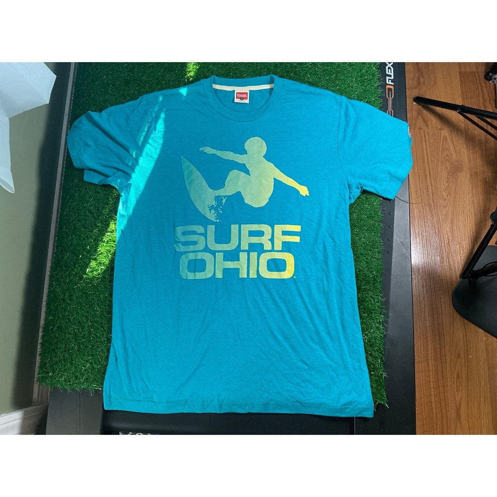 Homage Surf Ohio Graphic T-Shirt Mens Medium Turquoise Blue Yellow Gradient Tee